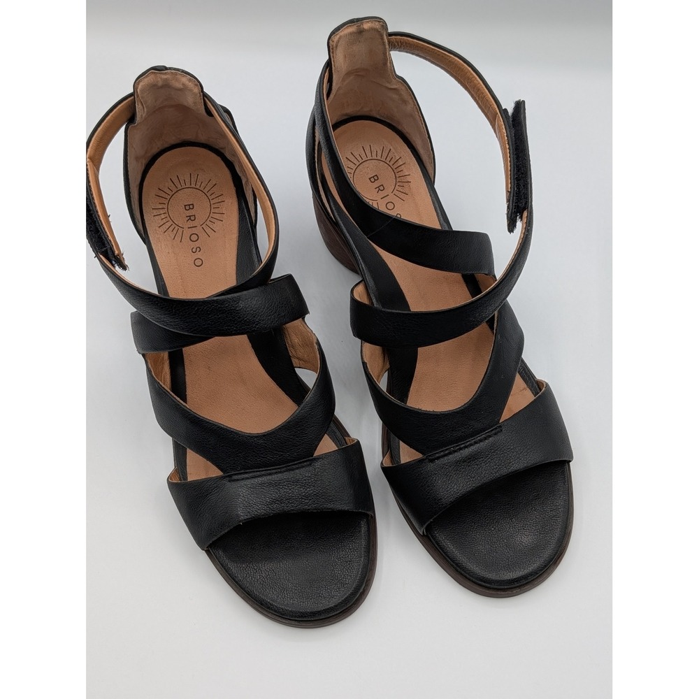 Brioso Black Leather Strappy Block Heel Sandals Ankle Strap Womens Shoes